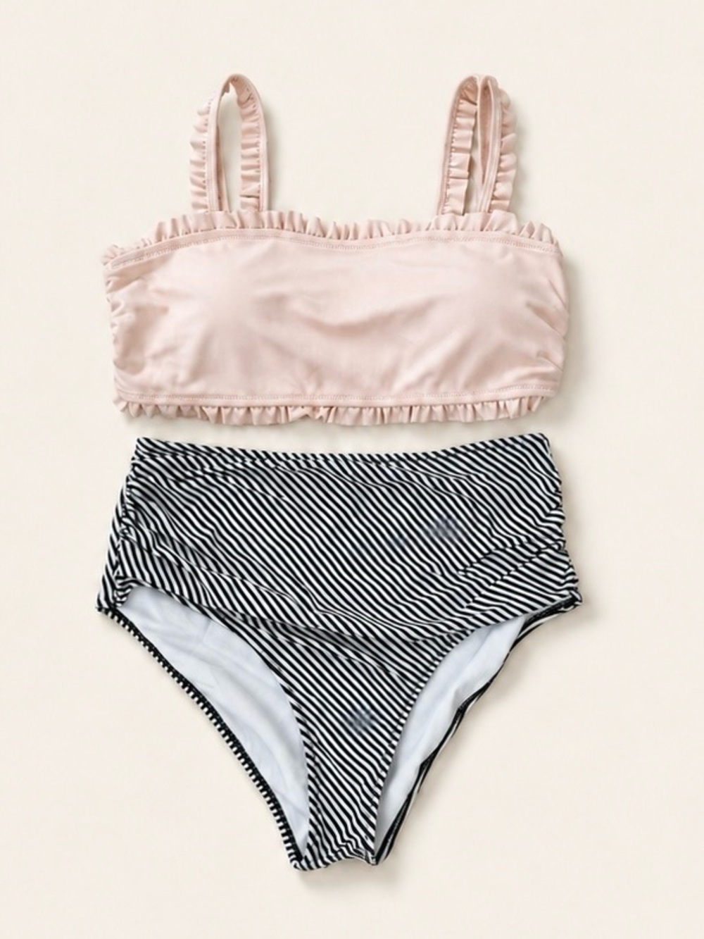 Ruffled Pale Pink Bikini Top with Black & White Striped High-Waist Bottoms